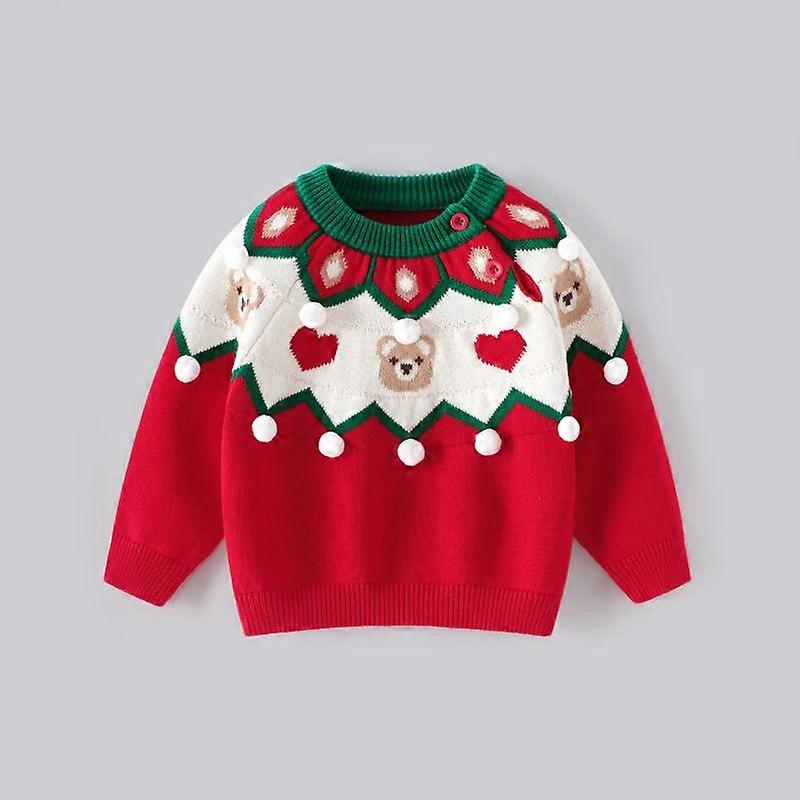 Kids Christmas Sweater Red Pullover Bear Pattern Round Neck Knit Top Soft Comfortable Warm