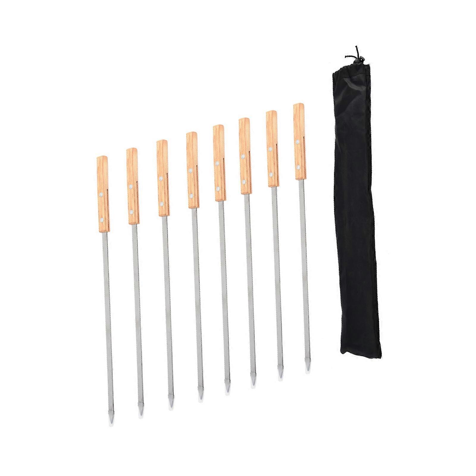 Set Of 8 Grill Skewers with Wooden Handle For Roasting Meat And Vegetables Stainless Steel Barbecue Accessories Multicolor