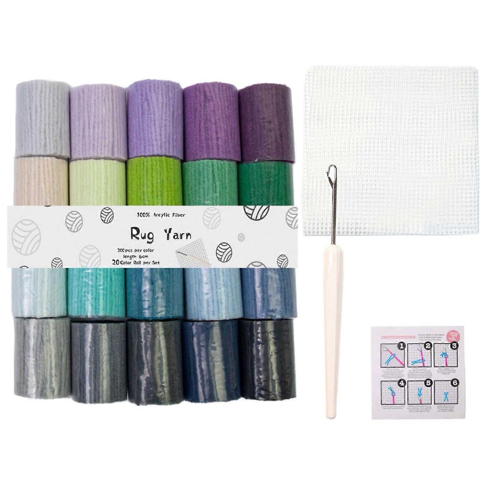 Rug Making Embroidery Set 20 Color Acrylic Yarn Thread Latching Hook and 50x50cm Mesh Fabric For Carpet Crafting Multicolor