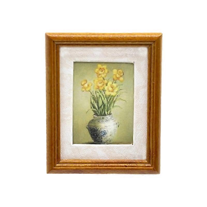 Dolls House Daffodils In Vase Picture Painting Walnut Frame Miniature Accessory
