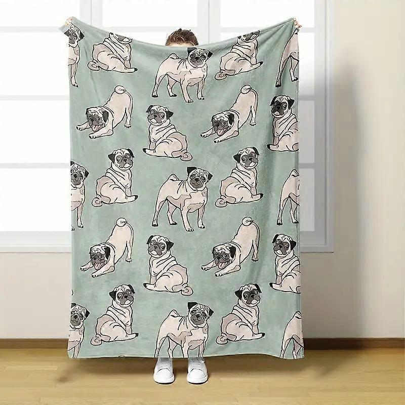 Pug Blanket, Soft Cartoon Puppy Print Blanket, Warm Flannel Bed Blanket, Suitable For Covering s And Chairs-75x100cm