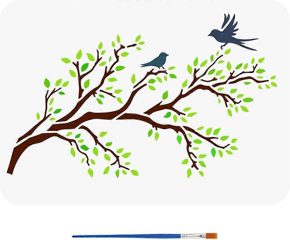 Tree Branches Stencil with Paint Brush 8.3x11.7inch Branches Leaves Painting Template Decorative Flying Birds Stencil for Painting Plant Theme Templat
