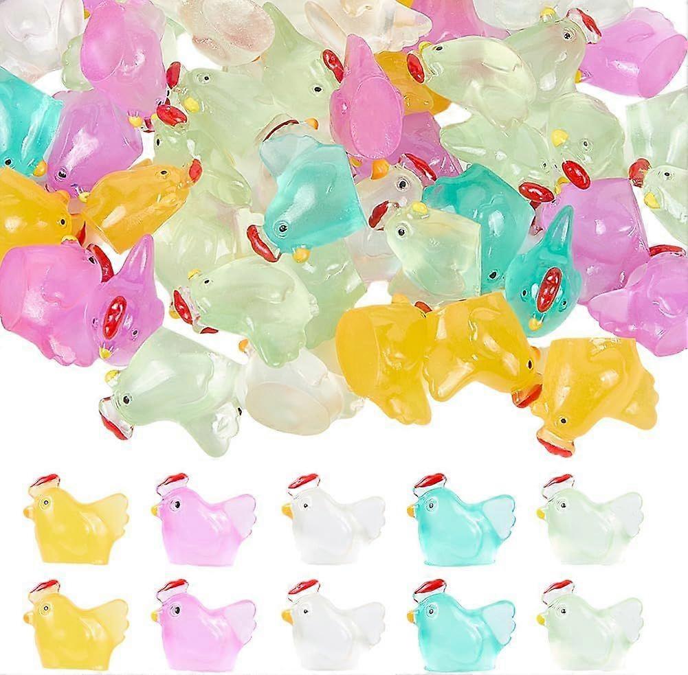 50Pcs Miniature Chickens Figurines Luminous Tiny Resin Animals Glow in The Dark Colorful Farm Chick Mini Small Figures Accessories for DIY Home Outdoo