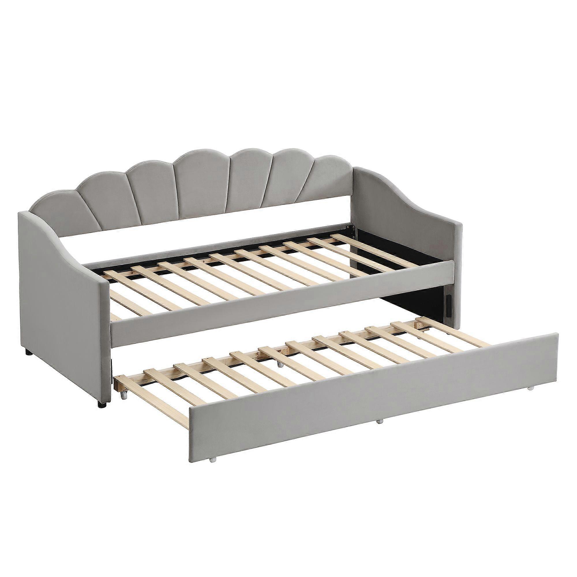 Single Upholstered Bed with Trundle and Youth Sofa Function