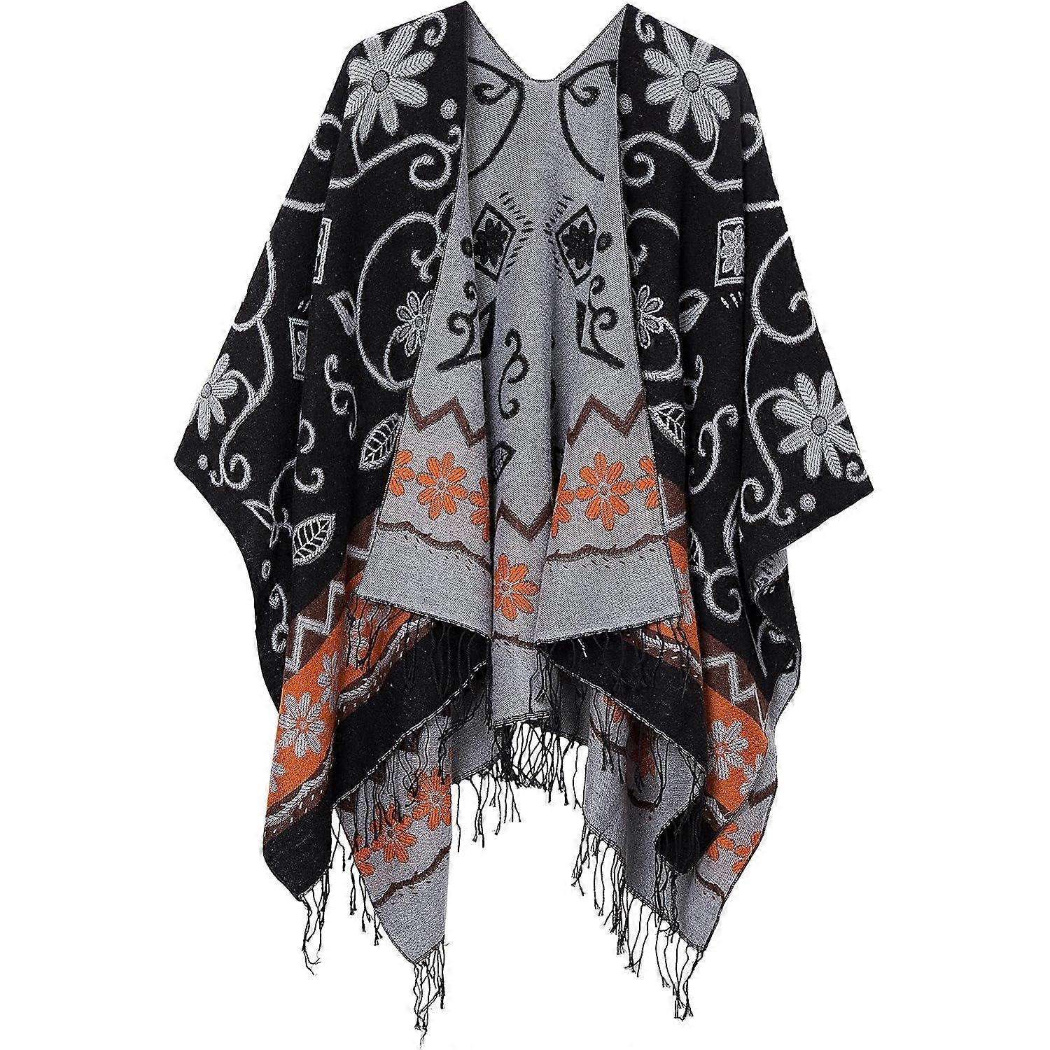 Women's Printed Cardigan Shawl with Front Fringe, Checkered Scarf with Puffed Corner Open Front with Wavy Shawl Wrap（Y0298）