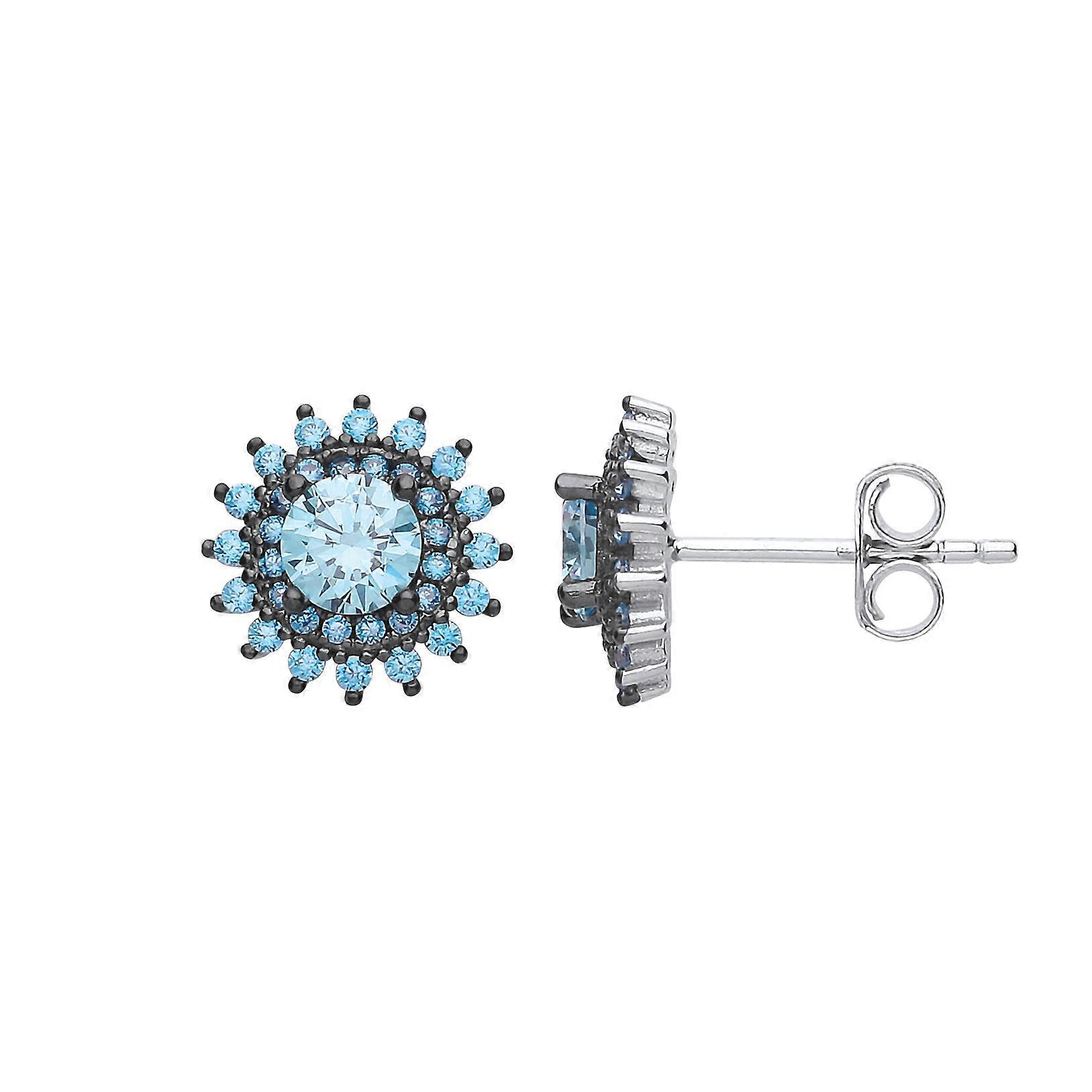 Jewelco London Ladies Sterling Silver Light Blue Cubic Zirconia Sunshine Star Burst Stud Earrings
