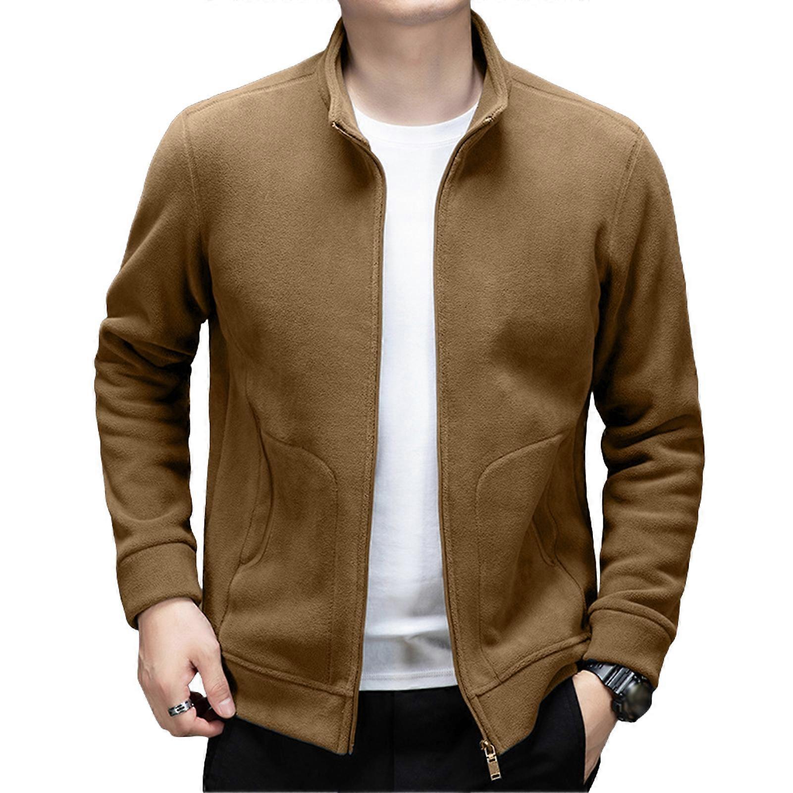 Men Spring Autumn Coat with Pockets Solid Color Stand Collar Long Sleeves Zip-up Mid Length Jacket
