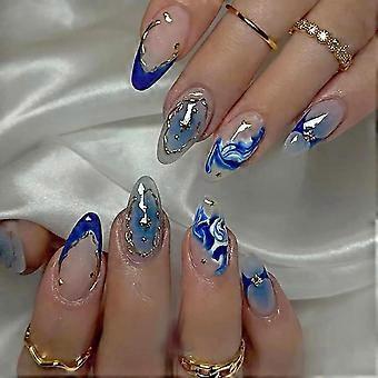 Uñas acrílicas con degradado azul almendrado mediano - Uñas postizas con efecto salón de belleza para playa de verano (24 piezas)