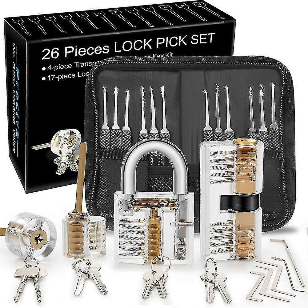 26-piece Lock Picking Kit with 4 Clear Locks for Practice