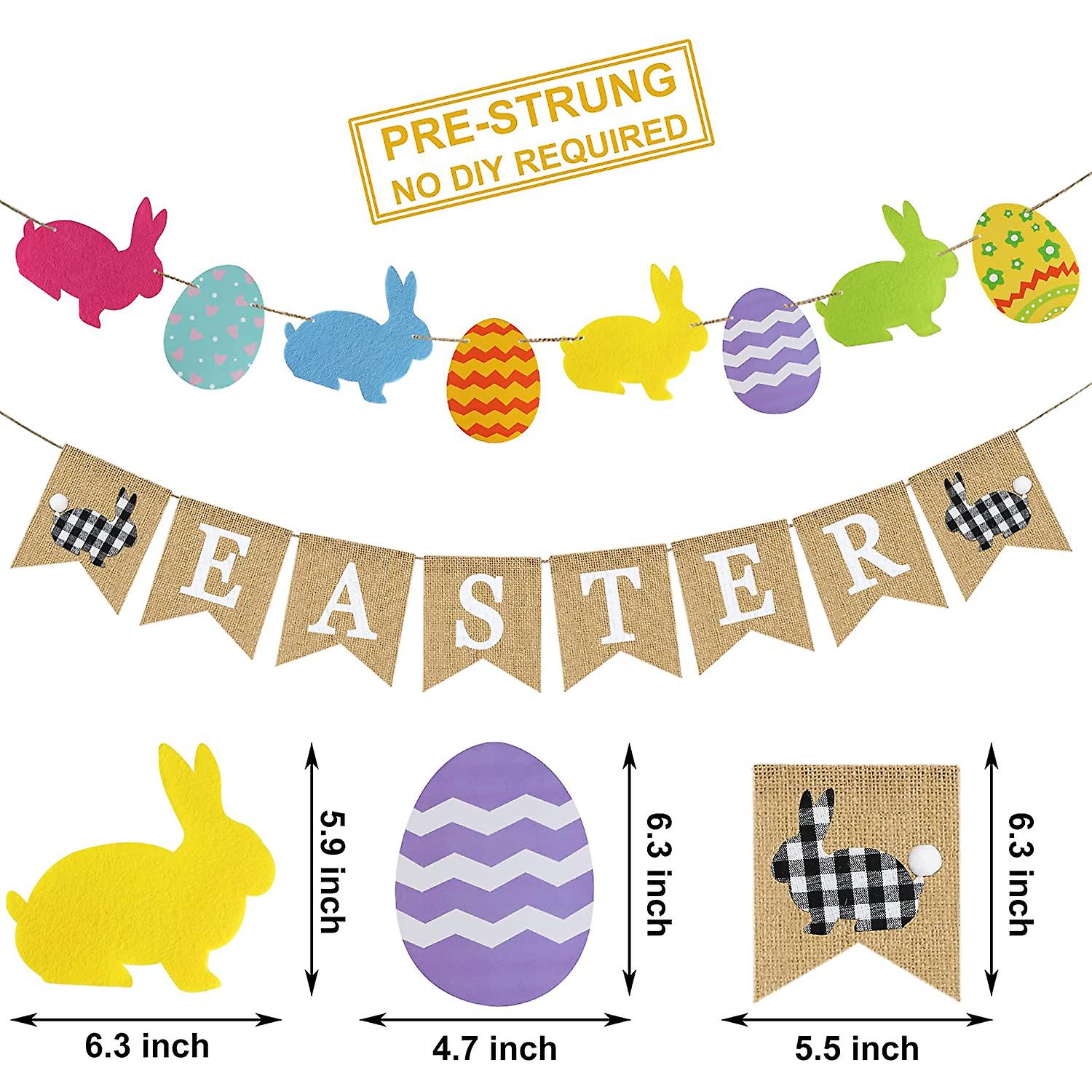 2 PCS Easter Burlap Banner, Easter Bunny Bunting Garland, Colorful Easter Rabbit Eggs Bunny Banner, Rustic Easter Decorations, Spring Easter Party Sup