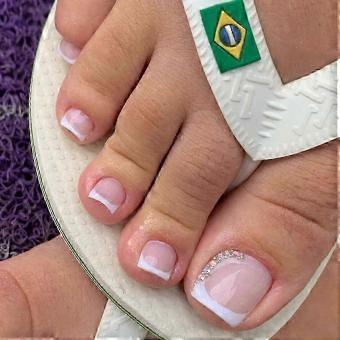 White French Tip Fake Toenails with Rhinestones, Short Square Press On Toenails for Women, 24Pcs-brnv