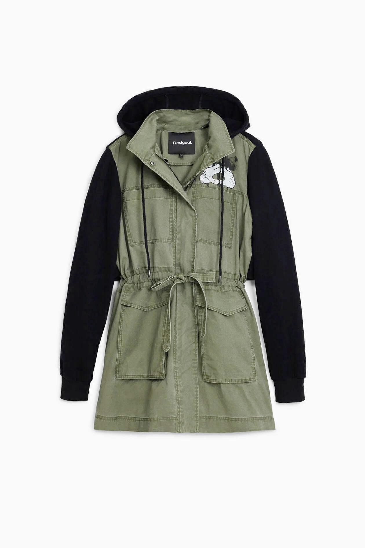 medium-length women/s coat with printed patchwork design