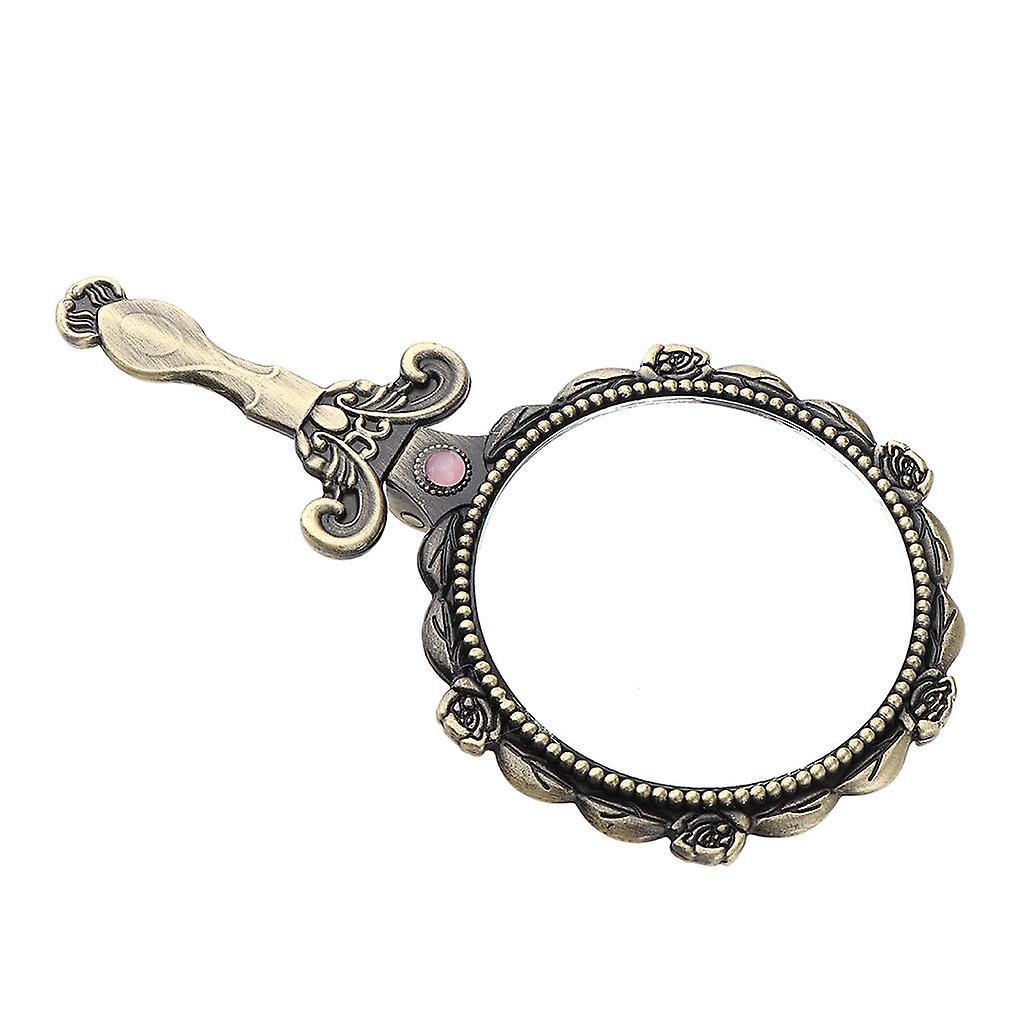 Vintage Round Handheld Makeup Vanity Folding Compact Mirror with Handle Bronze