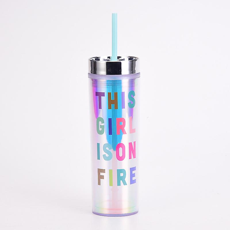 16oz plastic straw cup creative straight body water cup magic color electroplating lid double layer plastic cup