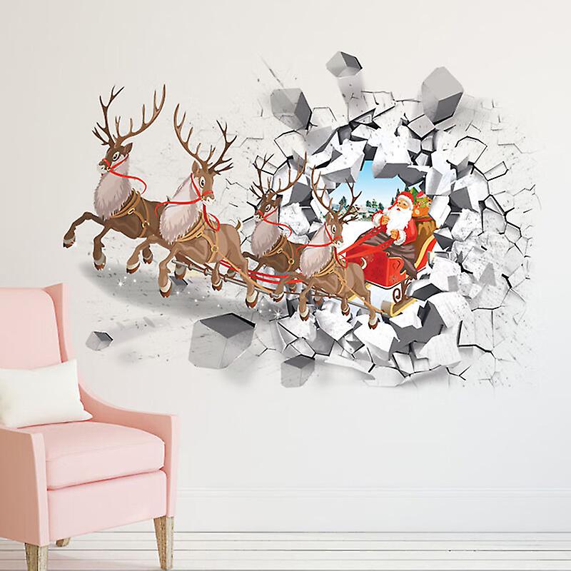 Christmas Wall Sticker Decal 3d Simulation Fake Window Santa Claus Deer Sticker