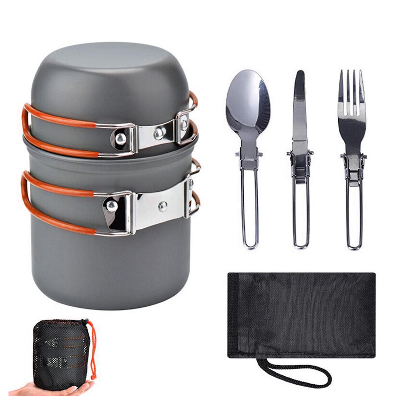 Qukaim Pot Fork Setfor Camping Camping Cookware Set Aluminum Alloy Cooking Pot with Knife Fork and Spoon, Portable Camp Cooking Kit, Orange Handle,