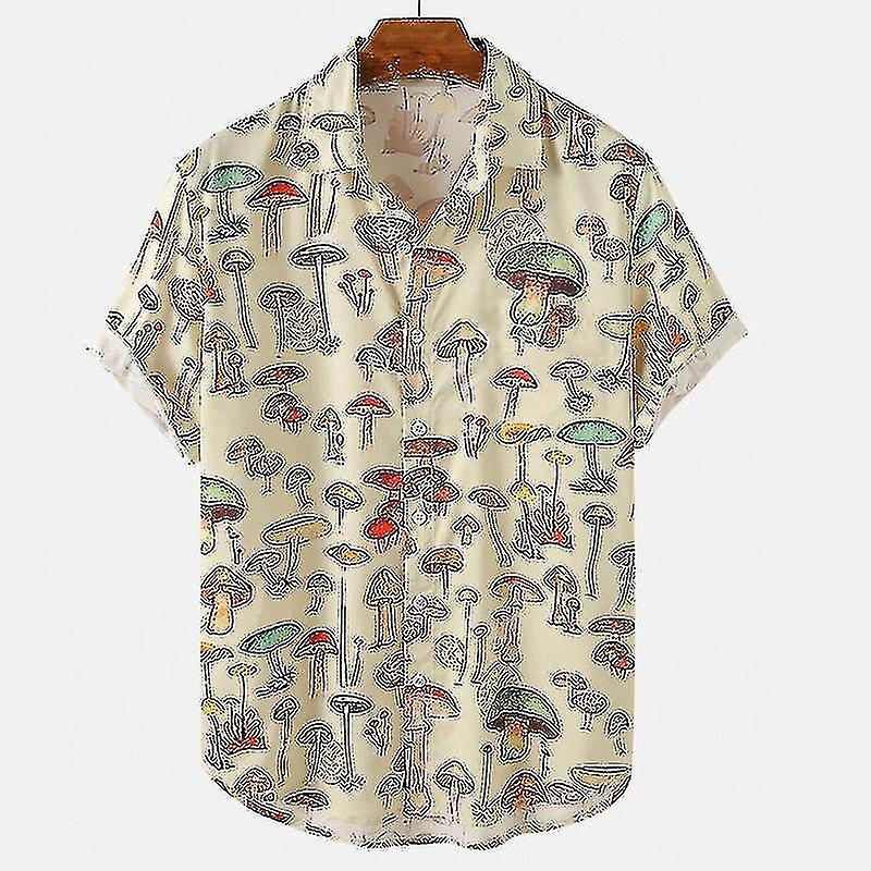 Summer Men"s Hawaiian Shirt Lapel Short Sleeve Colorful Element Mushroom Button Trend Casual Tops Excellent