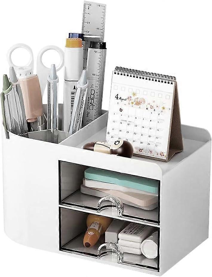 Desk Organizer with 2 Drawer, Plastic White Table Organiser Large Capacity Pen Pencil Holder Office Desk Tidy Organiser Multi-Functional Desktop Box -