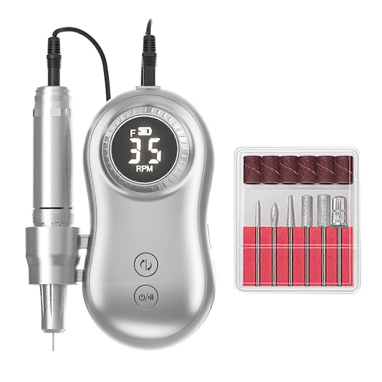 Nail Drill Machine 35000rpm Lcd Display Usb Rechargeable Electric Nail Polishing Machine With 6 Bits Silver