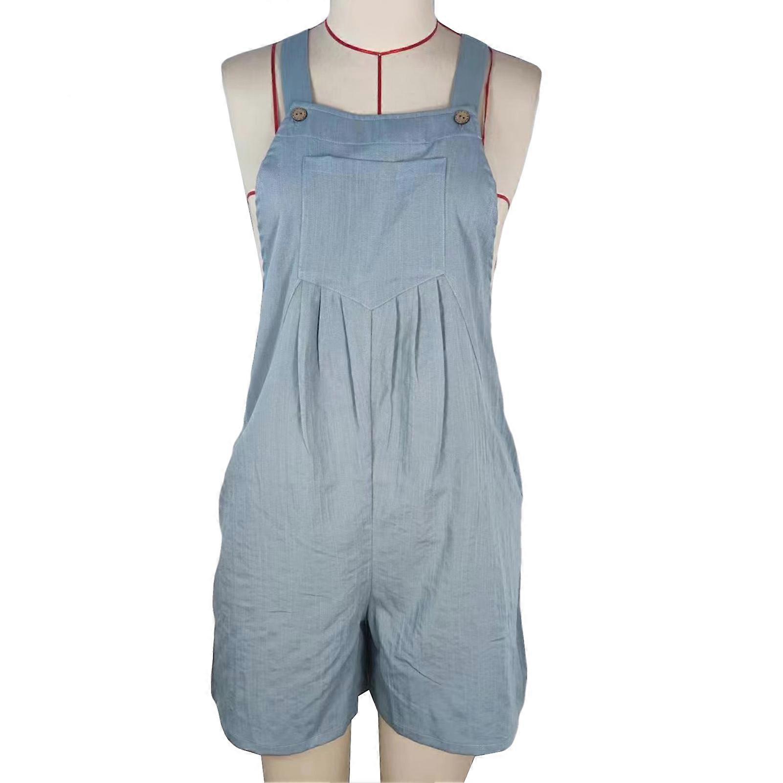 女性カジュアルオーバーオールジャンプスーツショーツルーズボタン付きサマーオーバーオールポケット付きショーツブルーグリーンS