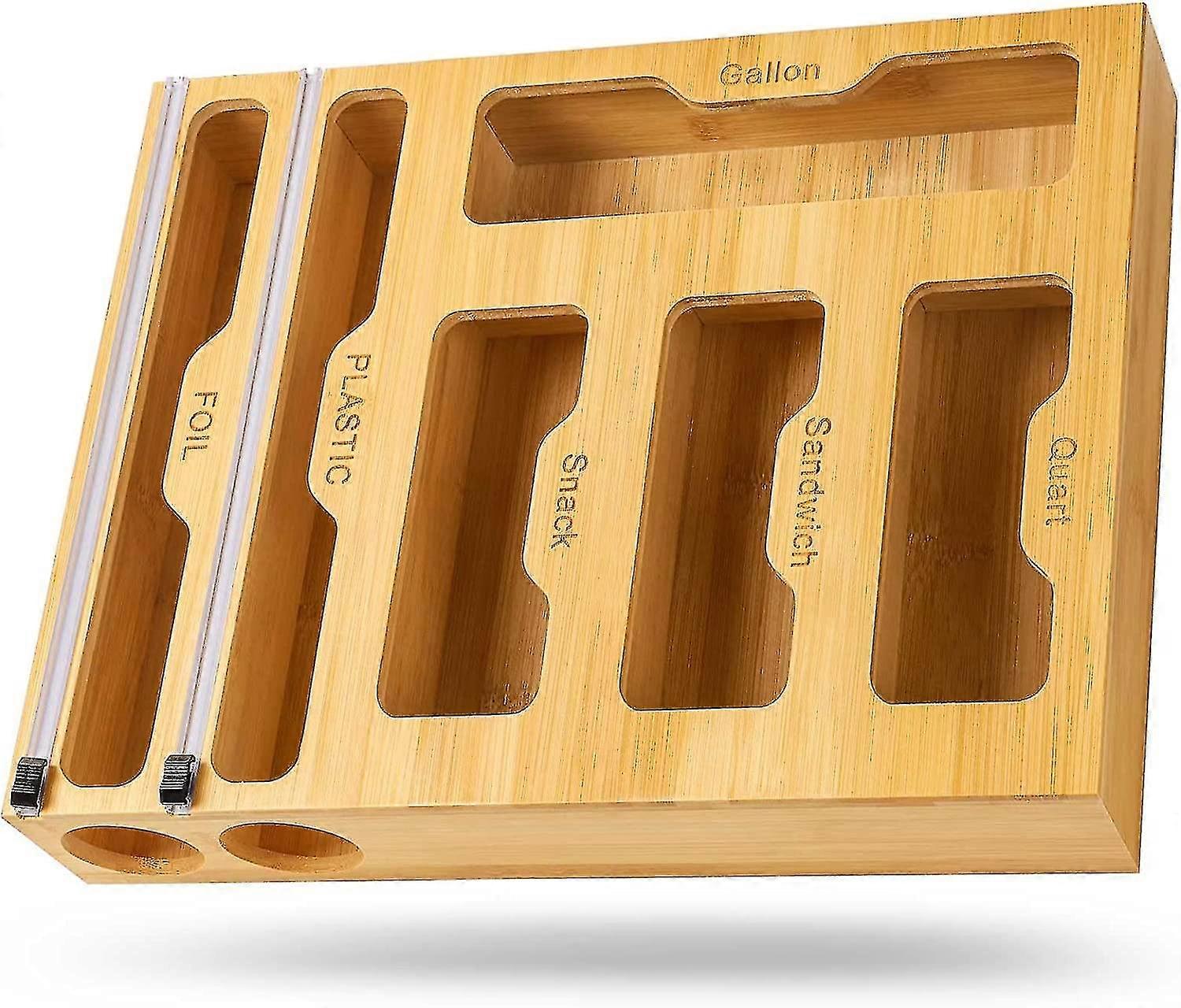 KINCJON Ziplock حقيبة تخزين منظم الخيزران - موزع التفاف 6 في 1 مع قاطع ، جالون متوافق مناسب ، كوارت ، حقيبة ساندويتش ووجبات خفيفة ، فيلم تتشبث ،