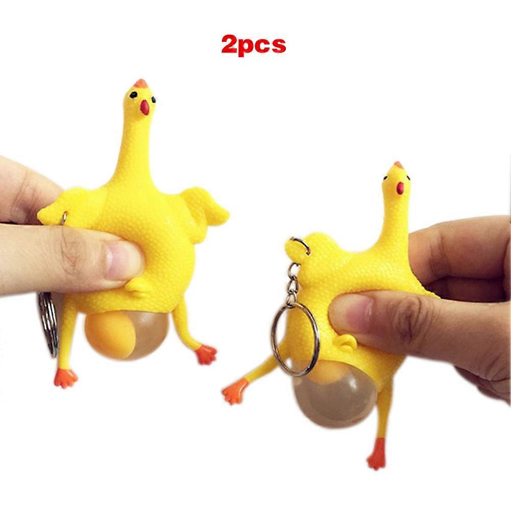 2 Pcs Hens Chicken Laying Egg Keychains Sticky Venting Prank Squeeze Relief Tricky Keyrings