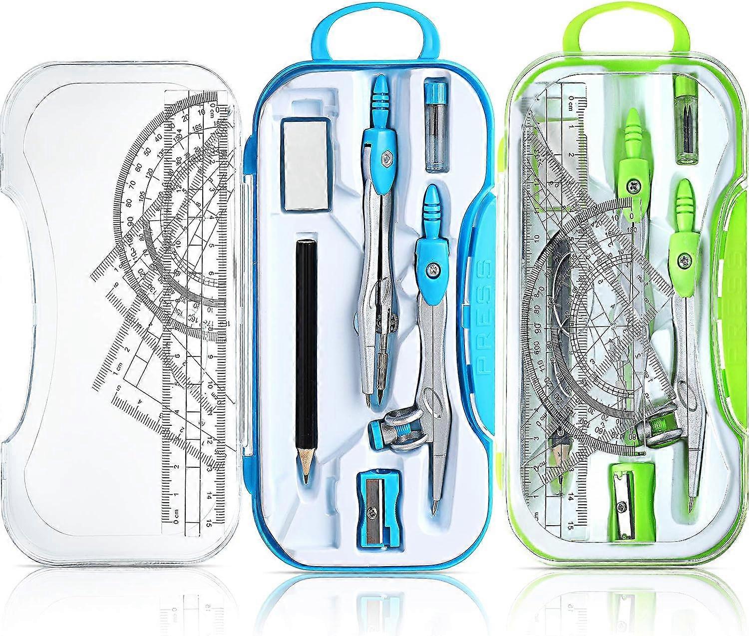 Math Geometry 2 Set Kit, 10pcs per set, including ruler, protractor, compass, eraser, sharpener, pencil and refills for drawing,2024 Ping
