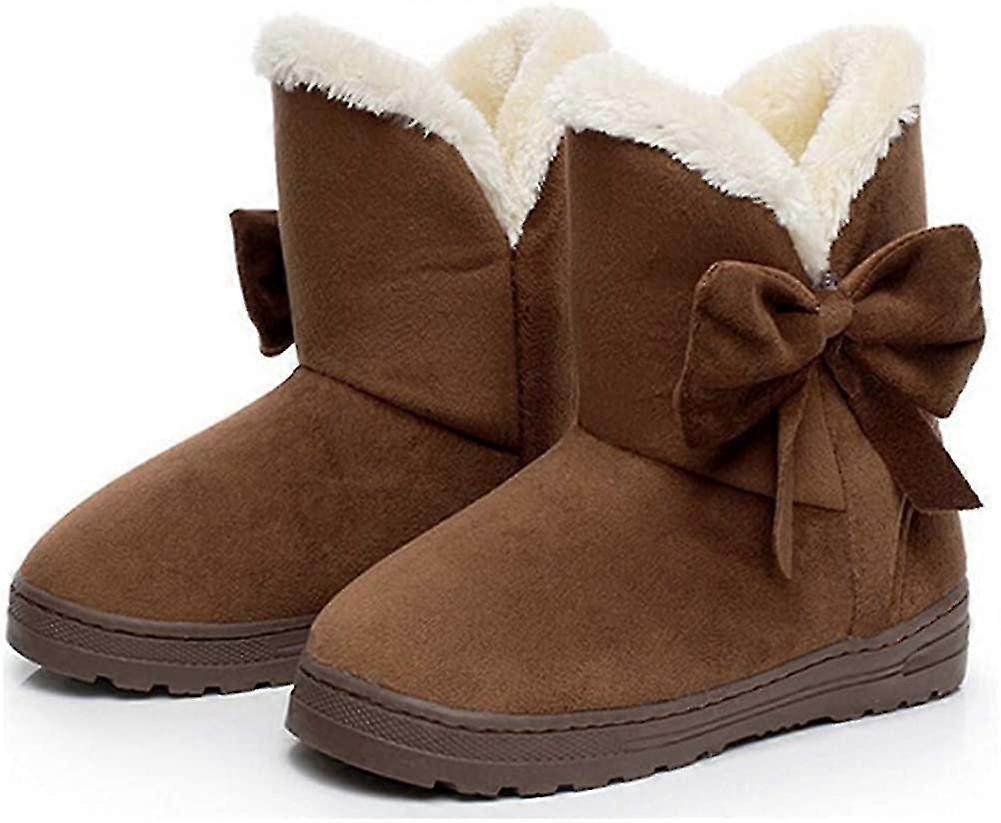 Women's Cute Bowknot Flat Snow Ankle Booties Warm Fur Round Toe Non-slip Low Cut Winter Short Boots