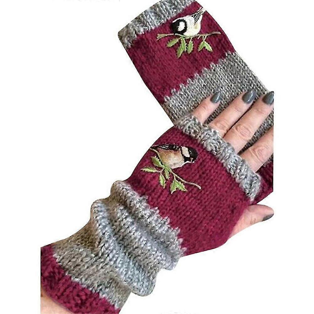 Luvas quentes bordadas com pássaros para mulheres, luvas de malha sem dedos