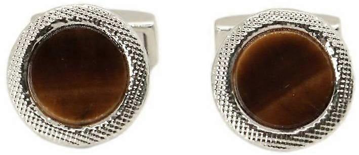 David Van Hagen Tiger Eye Round Cufflinks - Brown/Silver