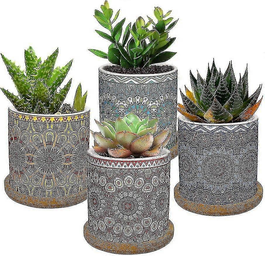 4 قطع أواني سيراميك صغيرة - 2.8 بوصة مزارعون بستنة مع صينية من الخيزران للنباتات الصغيرة والزهور والصبار