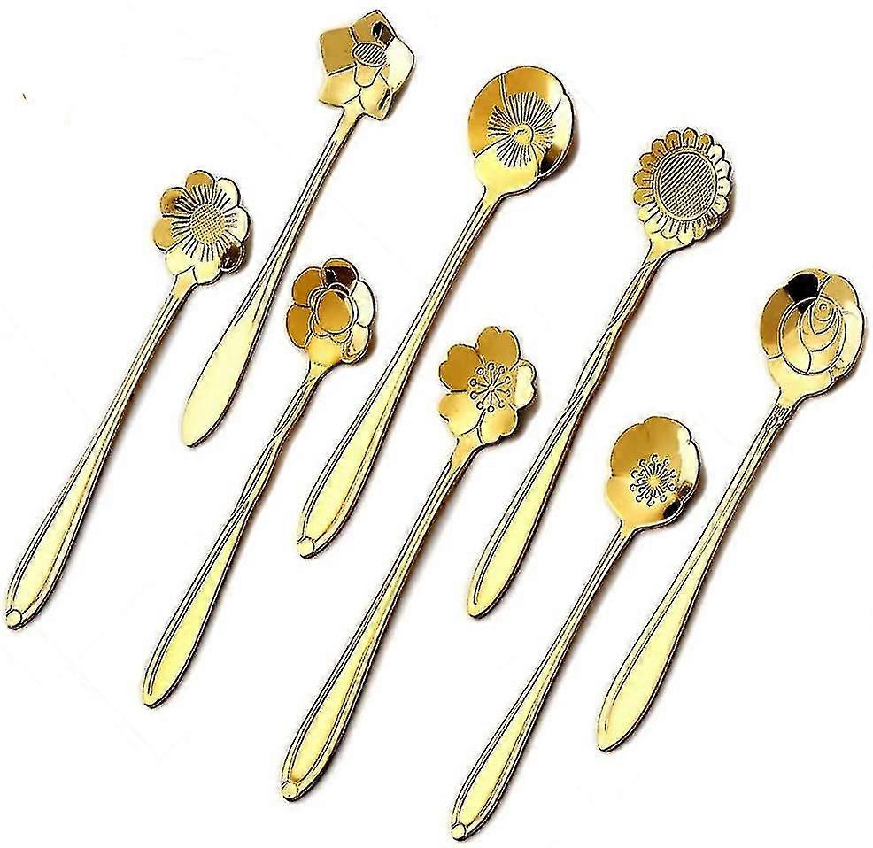 16 Pcs Stainless Steel Flower Coffee Spoon Teaspoon Spoon Set (gold)
