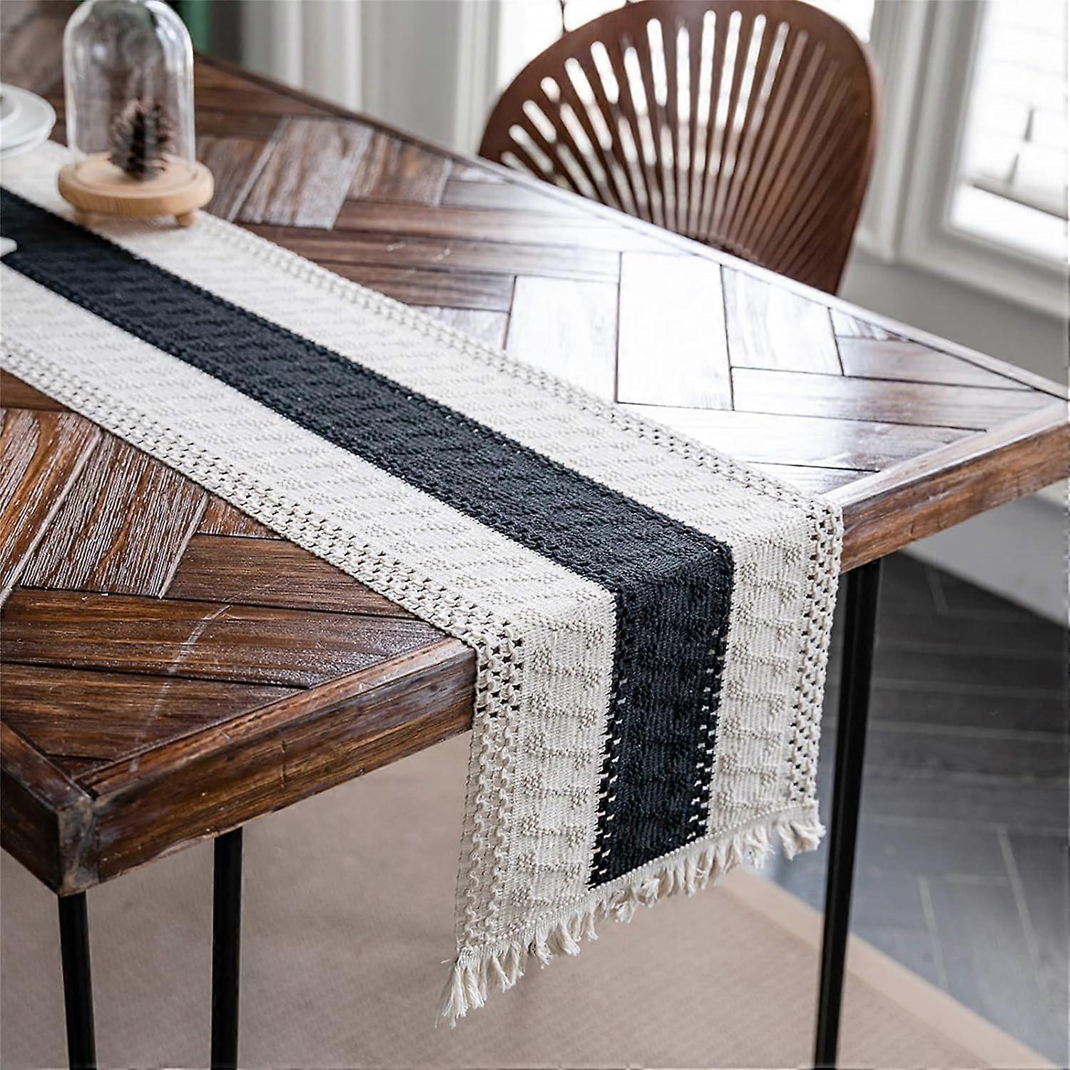 Macrame Table Runner Boho Cotton Flax Table Runner with Tassels, Rectangular Crochet Lace Mesh Tablecloth