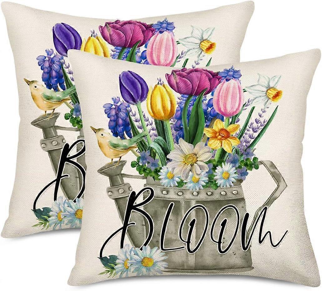 Spring Floral Pillow Cover Set of 2 16x16 Inch Blooming Flower in Watering Can and Birds Cotton Linen Bloom Daisy Violet Tulip Decorative Throw Pillow