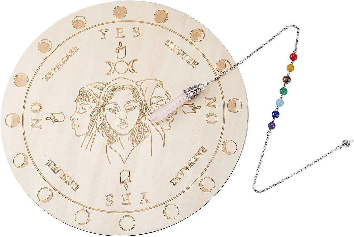 2 Pcs Wooden Witch Pendulum Round Board 225mm Dowsing Planchette with Rose Quartz Big Pointed Pendant Home Ornaments Witchcraft Divination Tools for S