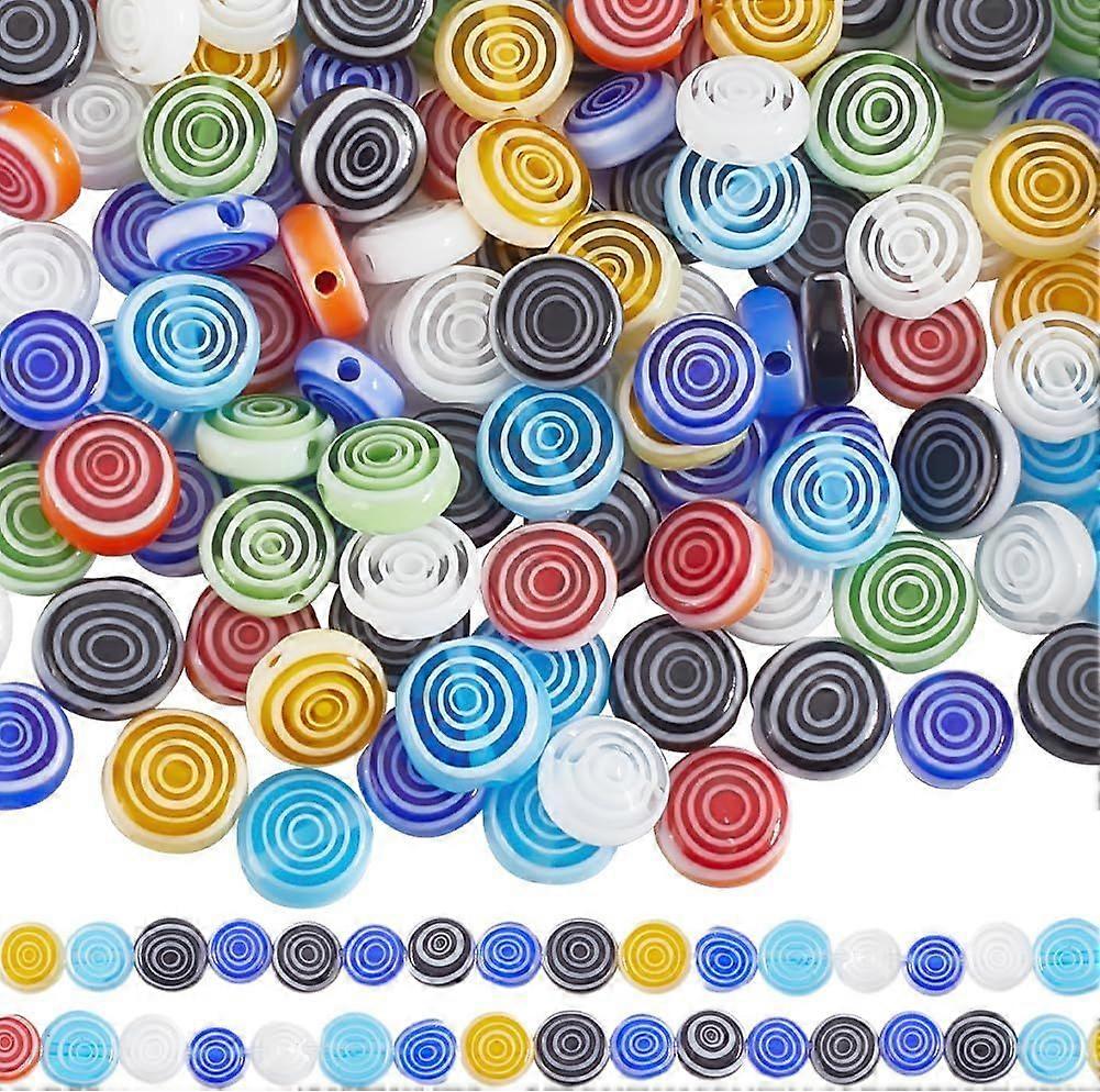 1 Box About 144Pcs 3 Strands Flat Lampwork Beads Bulk Millefiori Glass Bead Round Stripe Devil's Eye Loose Spacer Handmade Bead Strands for Jewelry Ma
