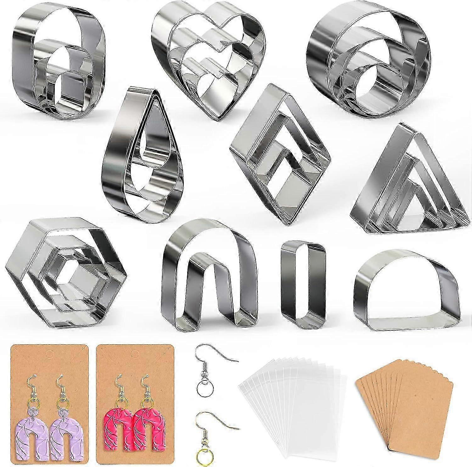 Polymer Clay Cutters Set with Earring Cards, Hooks, and Jump Rings - 24Pcs, 10 Shapes