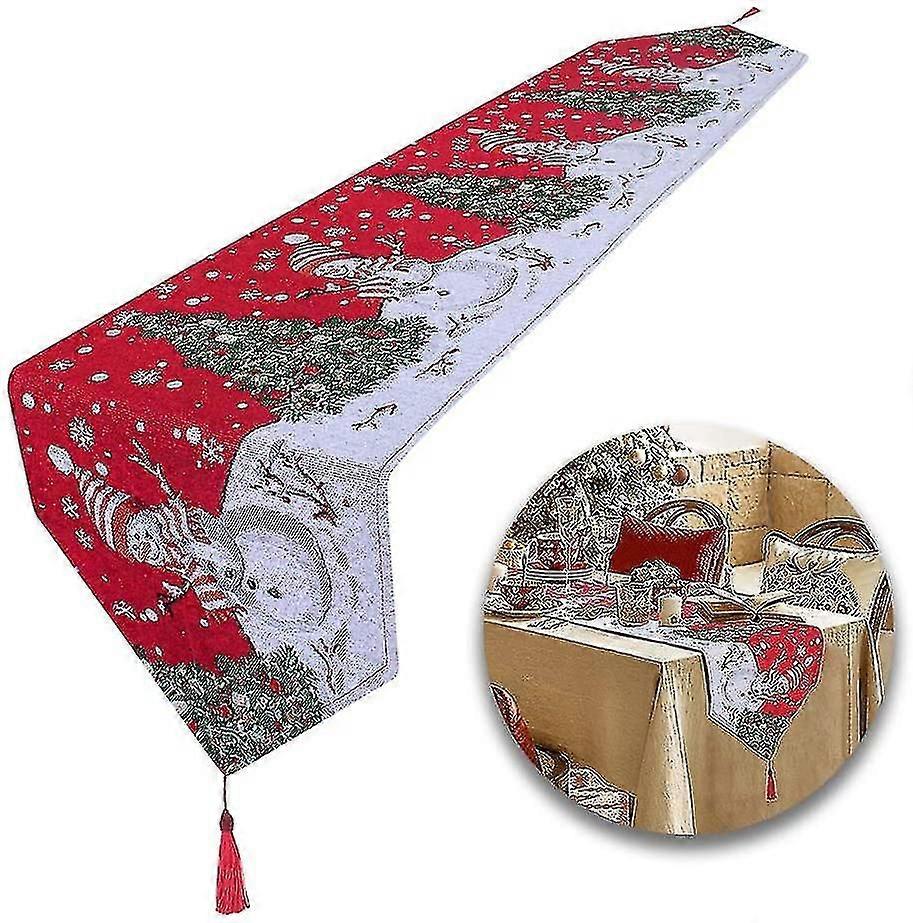 Christmas Linen Table Runner with Tree Snowman Pattern 180x33cm