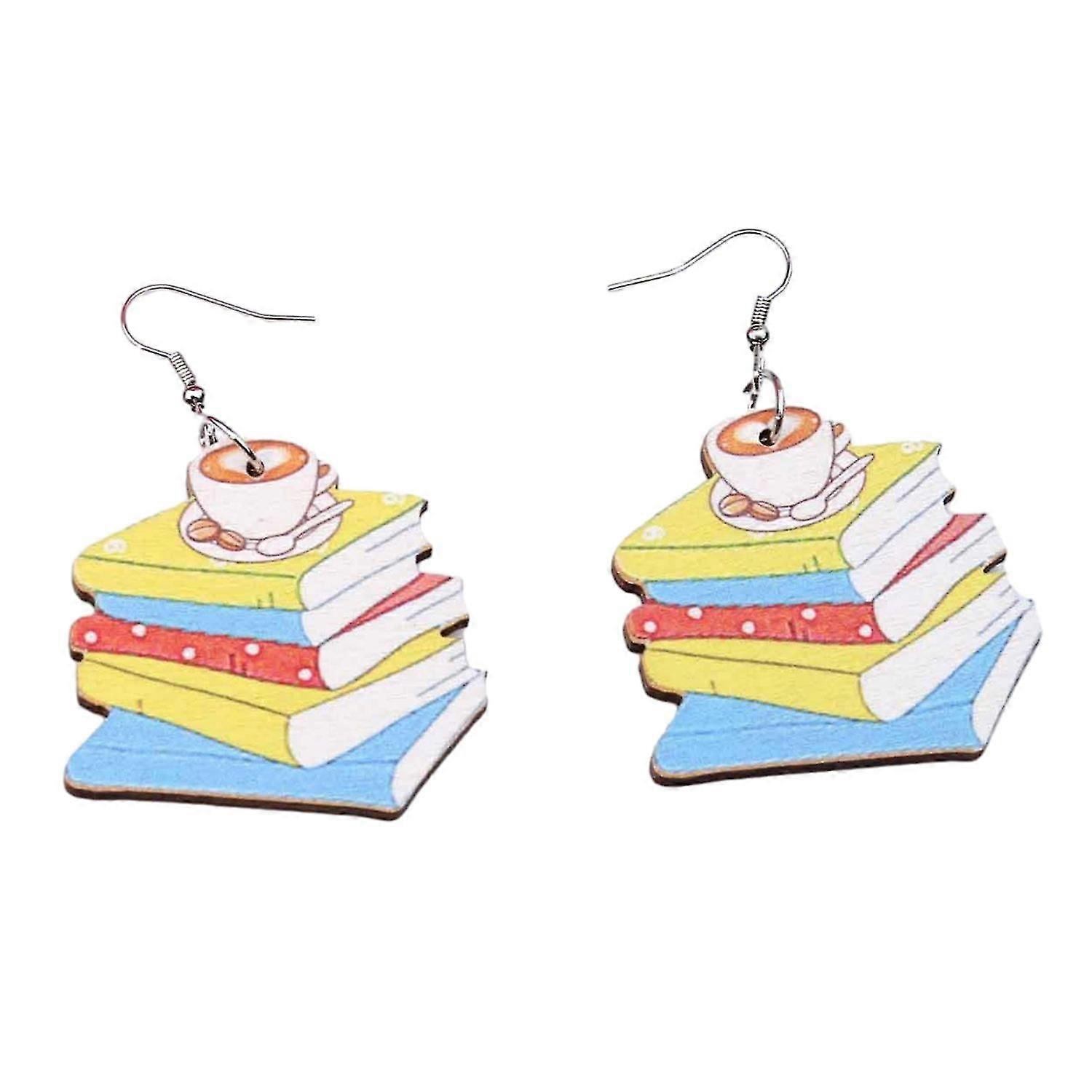 2Pcs Boucles d’oreilles en bois Livre Lecture Design Vibrant Color Unique Handcrafted Stylish Printed Pencil Boo