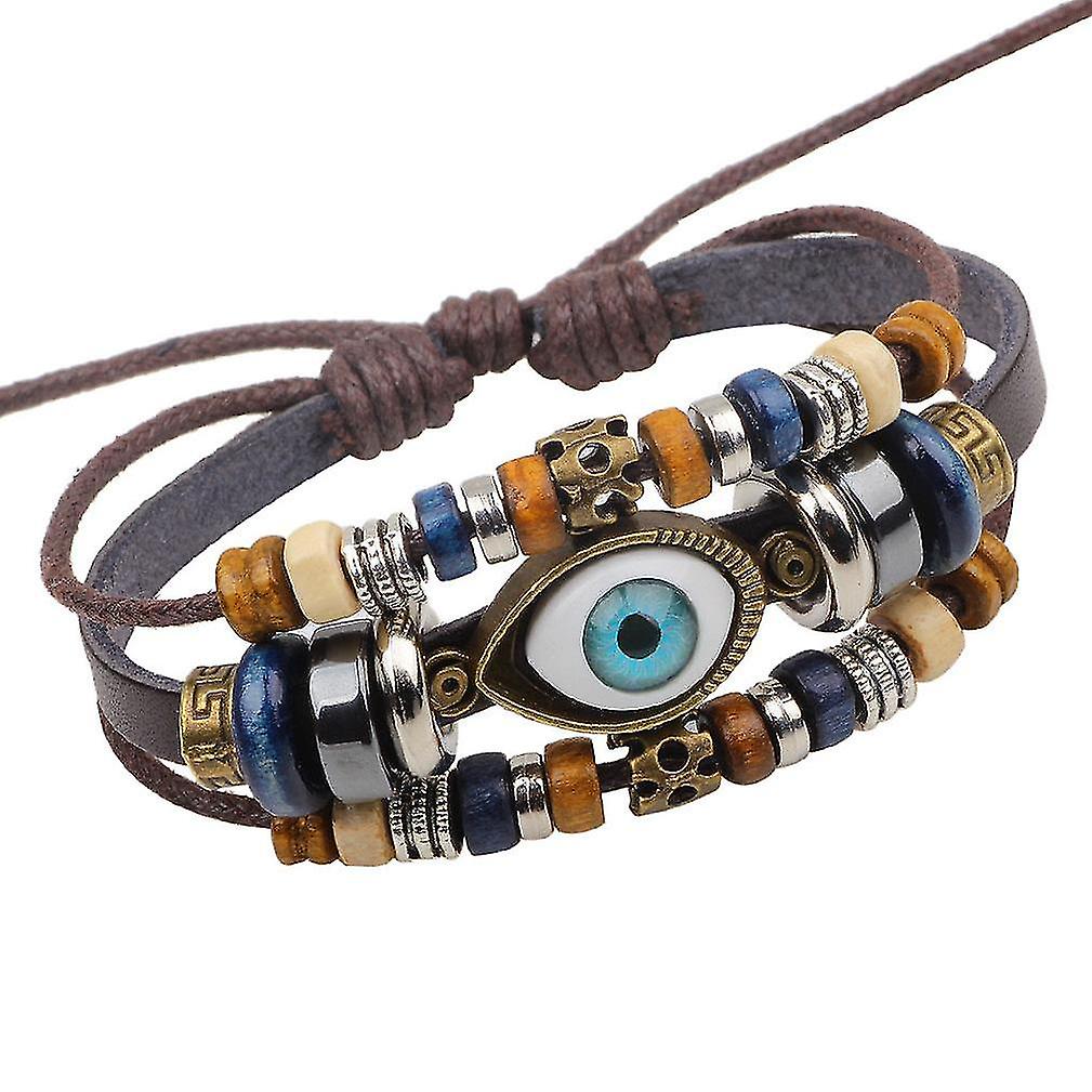 Retro Woven Leather Beaded Bracelet With Blue Eye Pattern