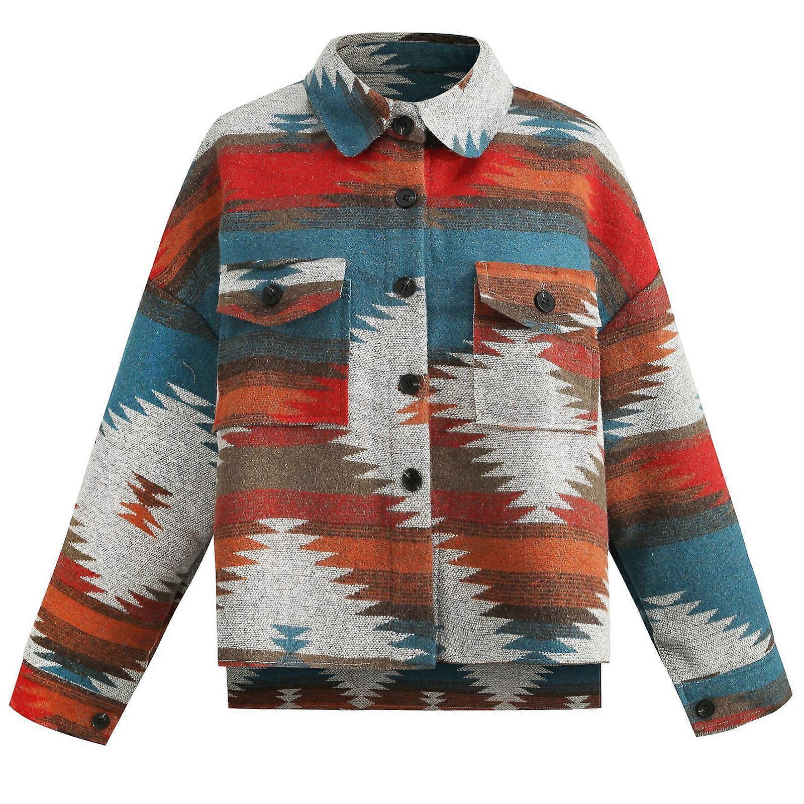 Geometrisk Tryckt Ull Långärmad Shacket Jackor för kvinnor Kavajslag Button Down Skjorta Kappa Hög Låg Lösa Ytterkläder Allinclusive Röd XL