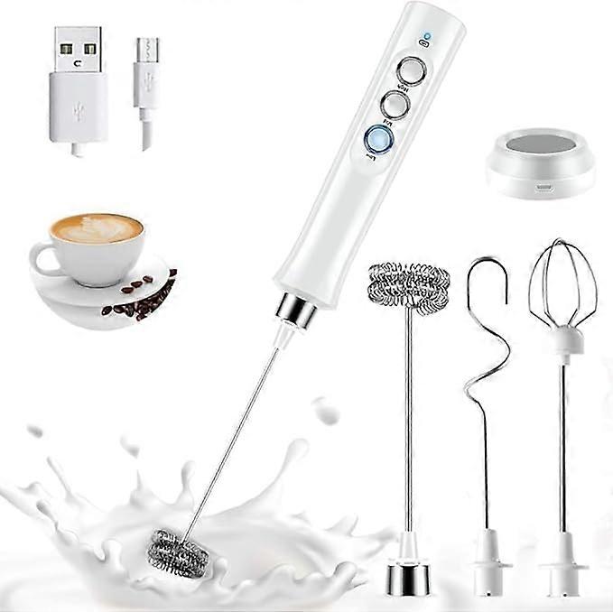 Handheld White Milk Frother, Rechargeable, 3 Replaceable Heads, Stand With Cable, For Milk, Cappuccino, Frappe, Matcha