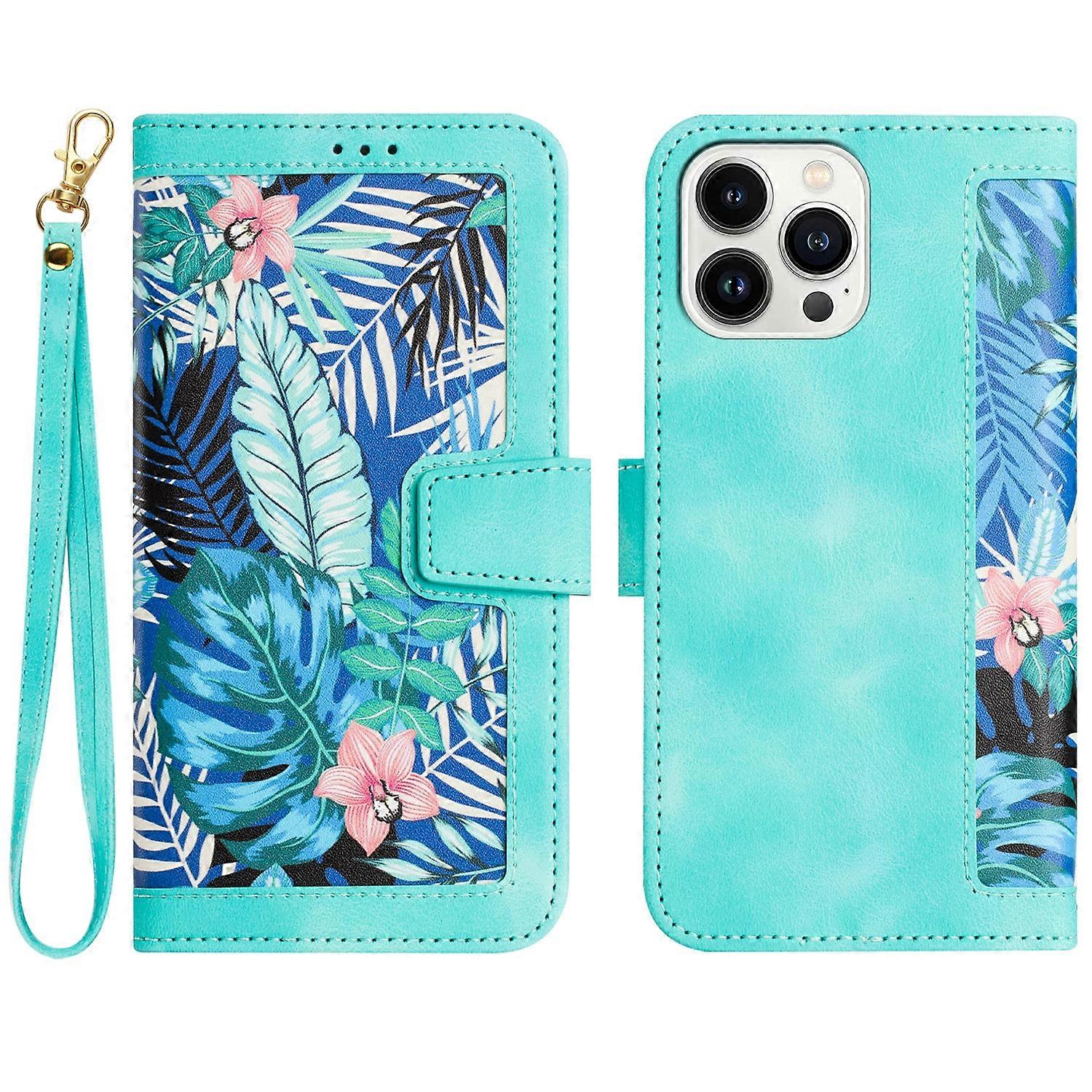 Floral Pattern Leather Phone Case with Lanyard