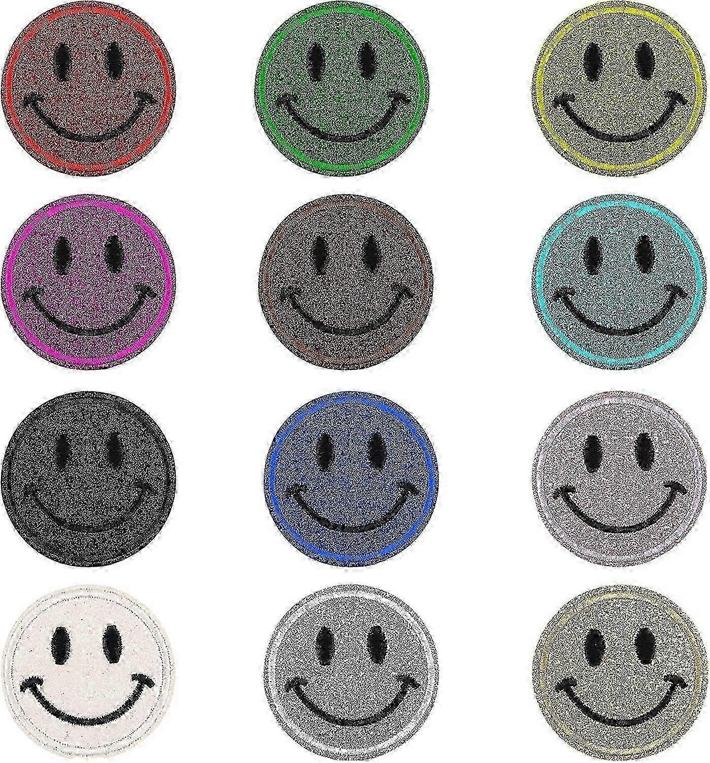 12 x 5.5 cm iron-on decorative patches with a sweet glittering happy smile design, perfect for creative projects, set of 12 pieces