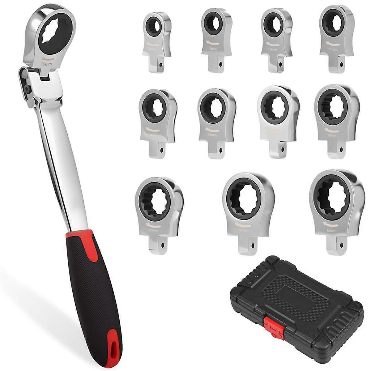 Flex Head Ratcheting Wrench Set, 8-19mm Metric Ratchet Wrench Tool with Interchangeable Heads & Sto