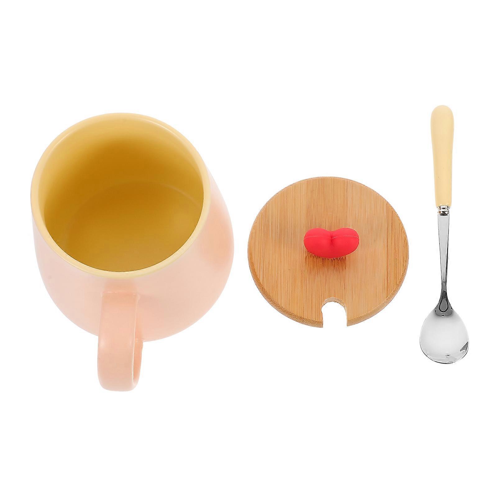 Mug With Spoon And Lid Ceramic Beverage Container Fresh And Simple Design 1Set