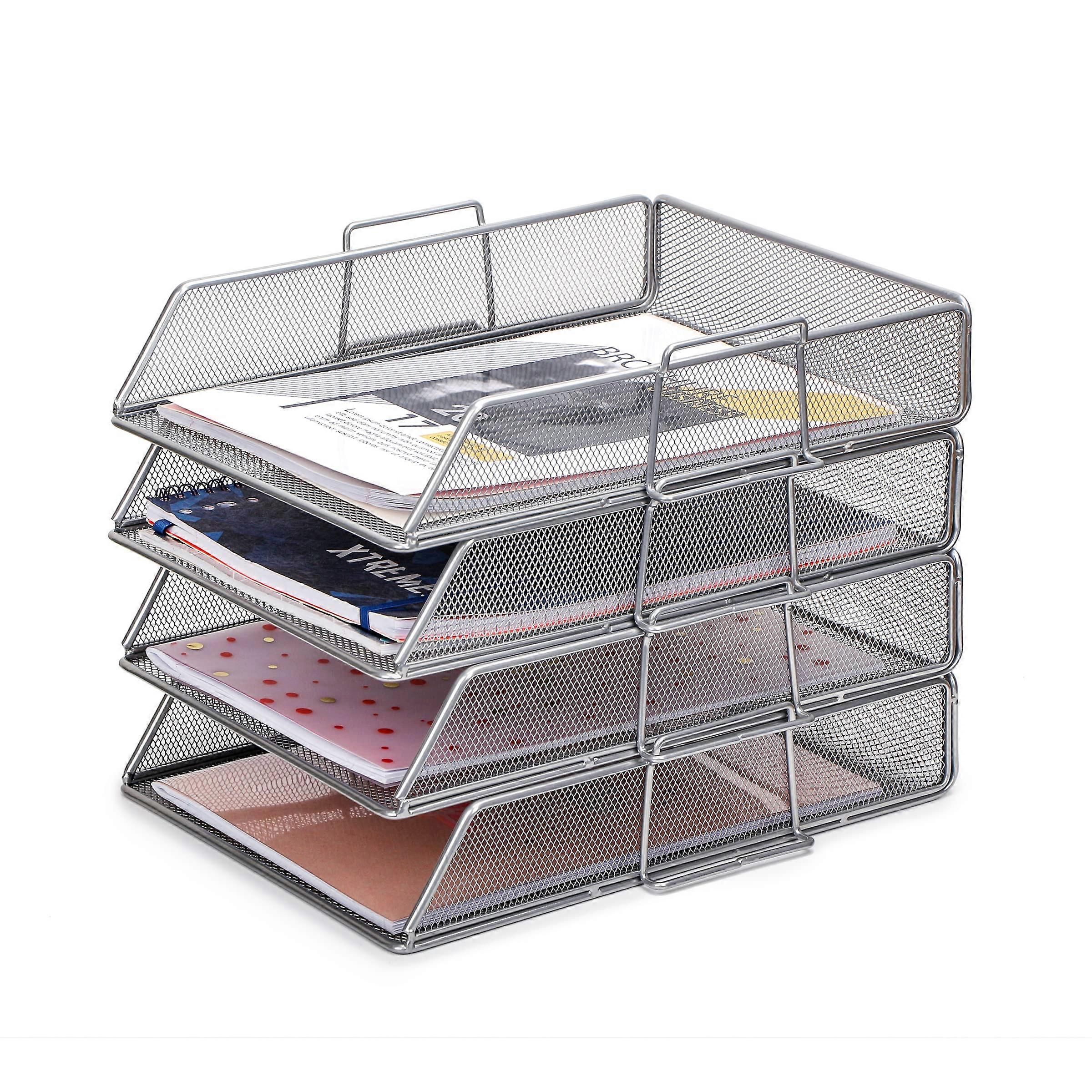 Letter Trays 4 Pieces/Stackable Metal Mesh Desk Bin/File Holder for Office, School, silver