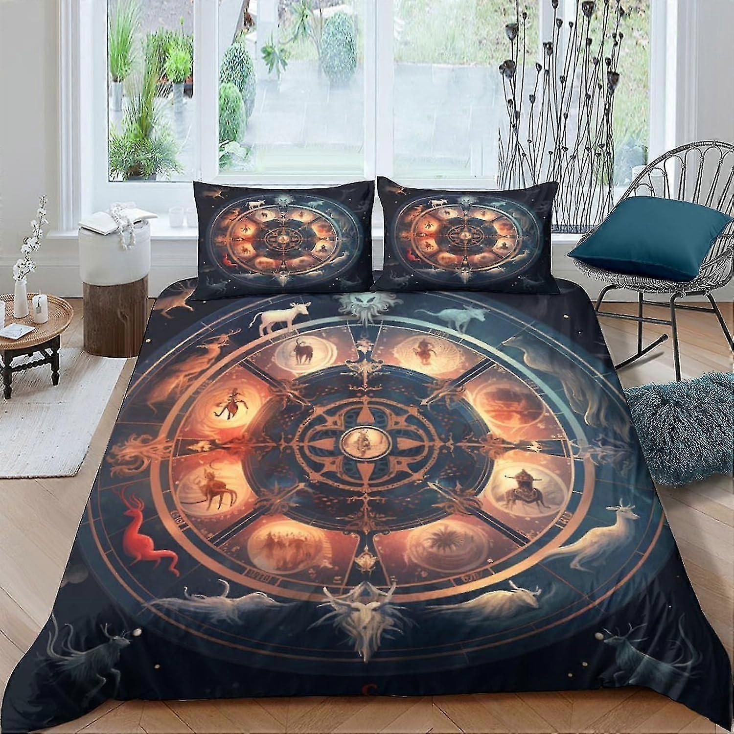 Astrolabe Printed Bedding Set Duvet Cover Set with 3D Zodiac Signs Comforter Cover for Kids Teens