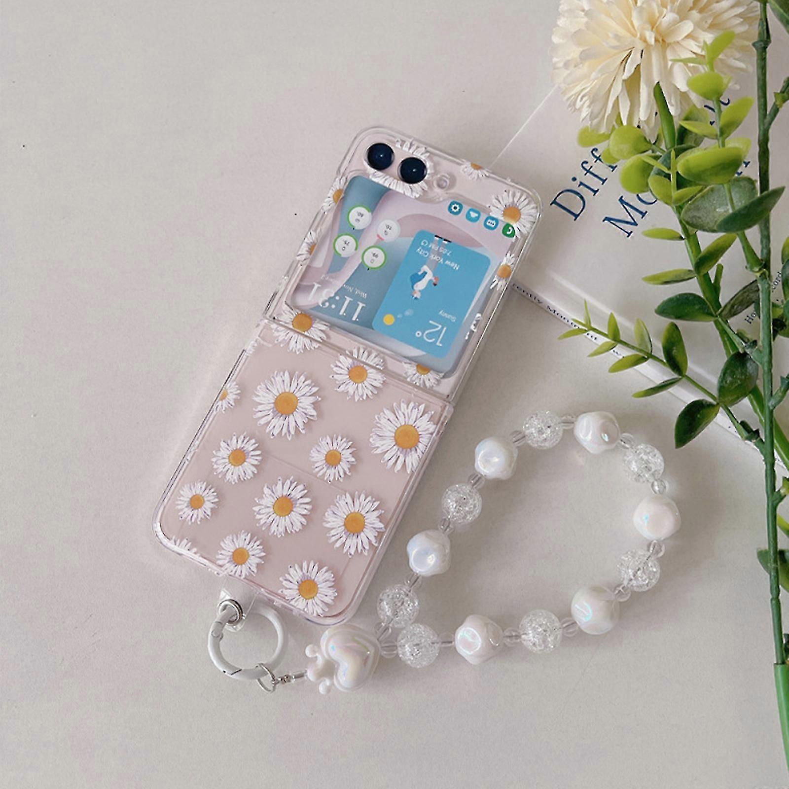 Bilek Kayışlı Samsung Galaxy Z Flip 5 için Şeffaf Kılıf, Moda Çiçekli Kılıf Galaxy Z Flip 5, Sert PC Darbeye Dayanıklı Kılıf Galaxy Z Flip 5 5G