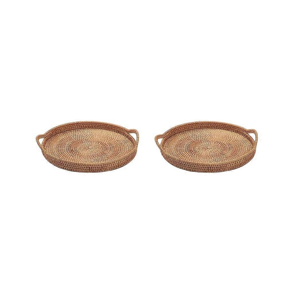 2 Set Hand Woven Round Rattan Serving Tray Serving Basket for Food Drinks Bread 28cm Set of 2 28 Cm